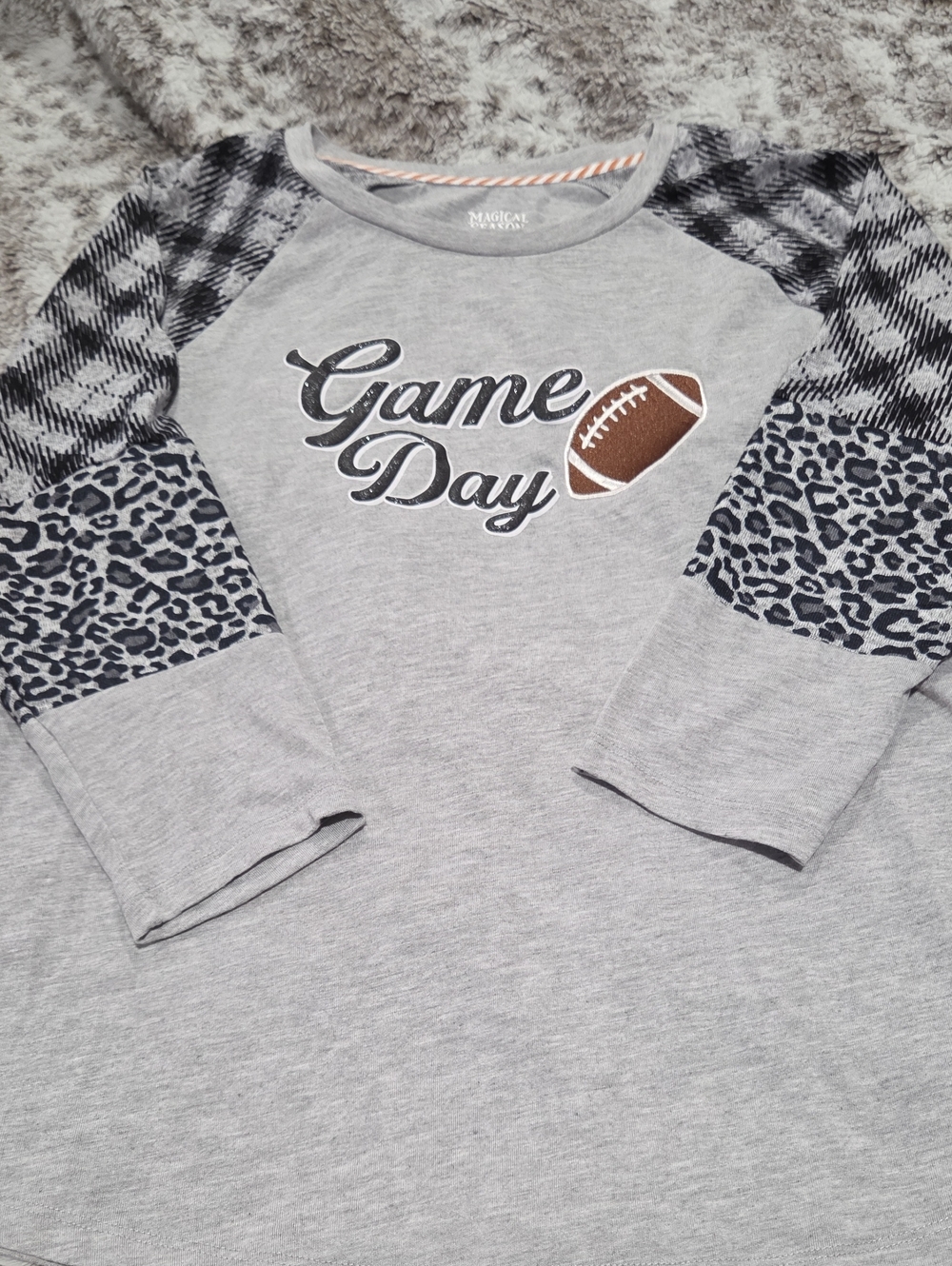 Magic Gray 'Game Day' Raglan Long Sleeve Top with Plaid & Leopard Accents